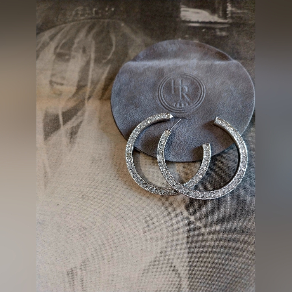 Vintage Kenneth Lane Sparkling Silver Crystal Hoop Earrings - Picture 6 of 16